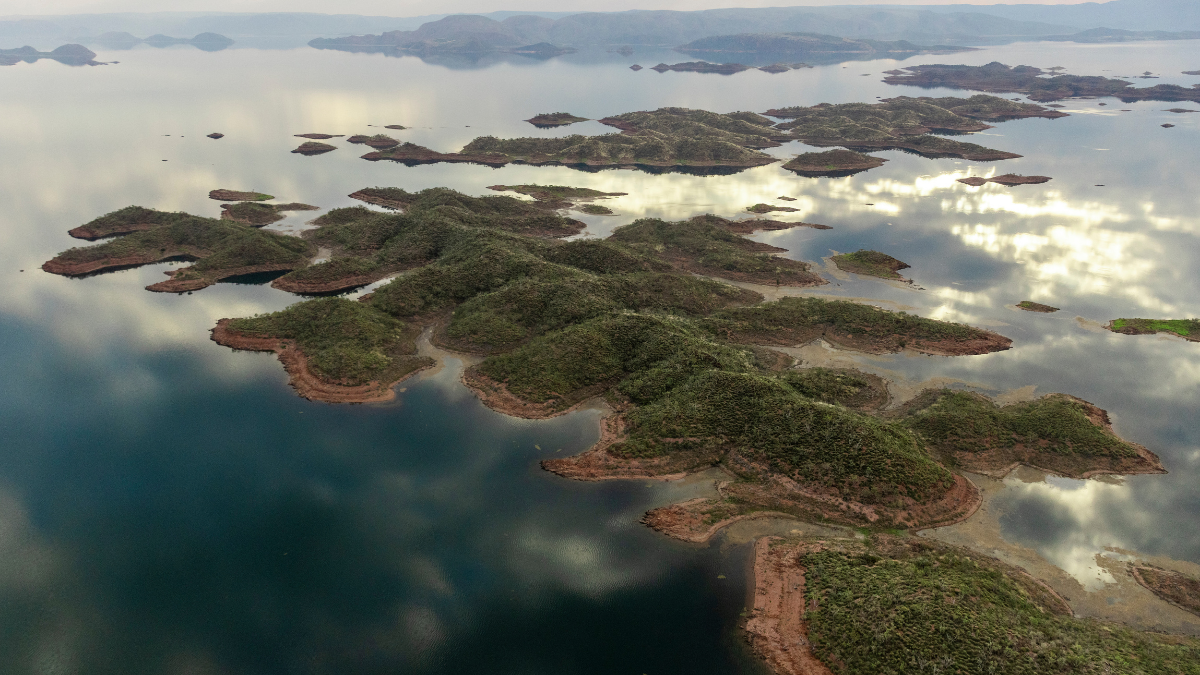 Aerial view of remote islands and tidal waterways along Western Australia’s Kimberley coast.