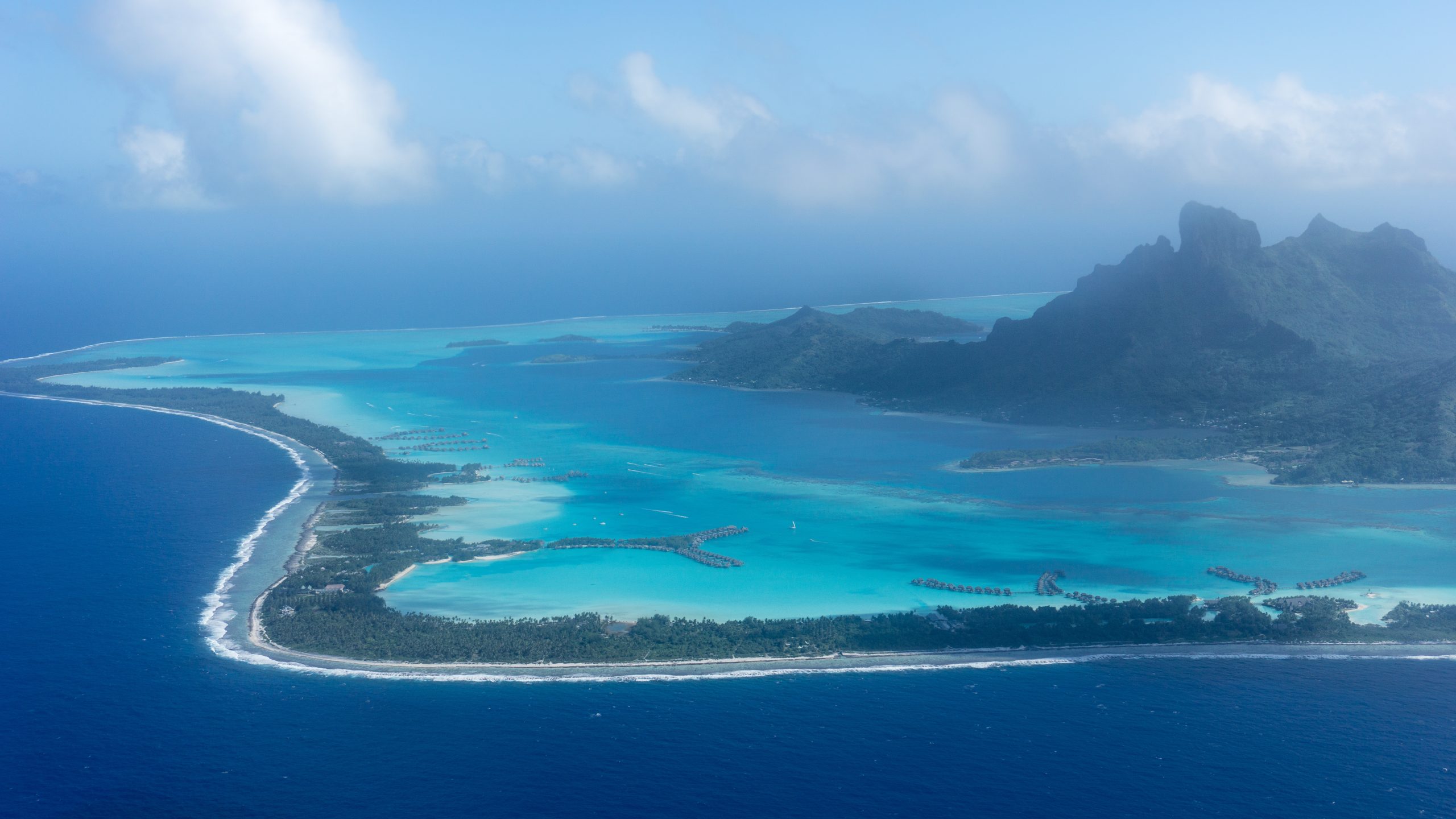 Aerial view of Bora Bora lagoon and surrounding islands in French Polynesia