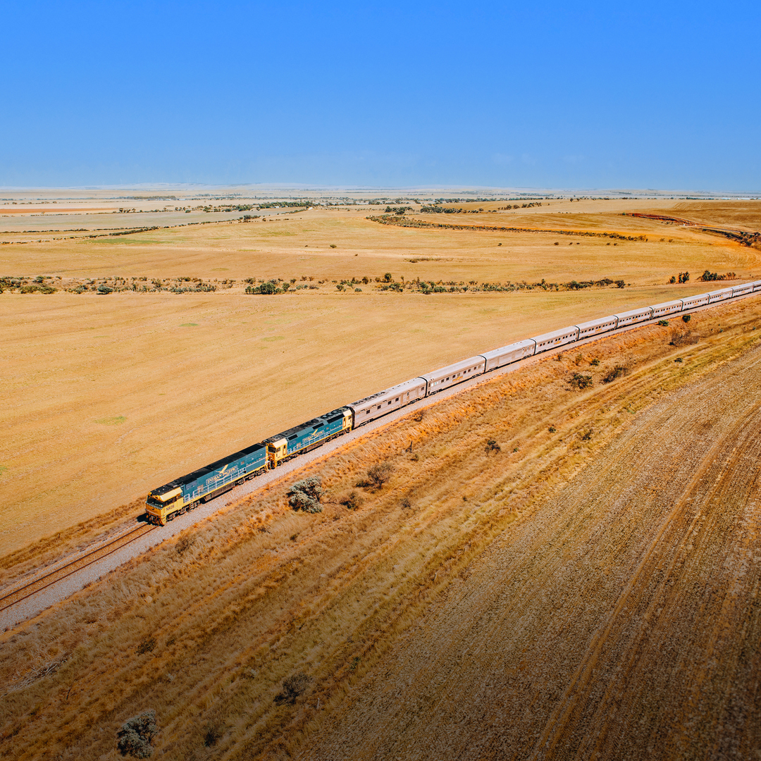 The Indian Pacific travelling through the Clare Valley in South Australia