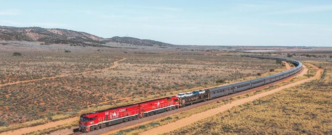 The Ghan travelling through the Flinders Ranges in South Australia